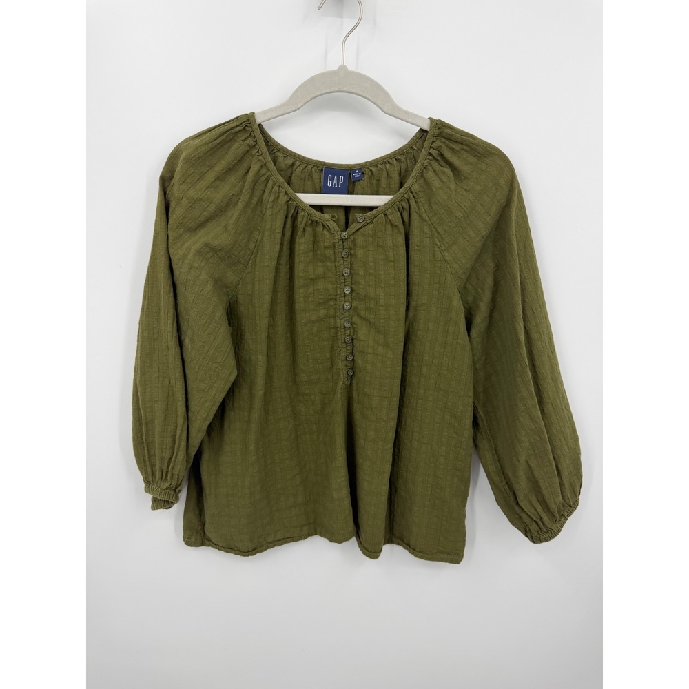 Gap Baby B Henley Top Women Size M Green 3/4 Sleeve Textured Cotton Blouse